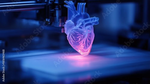 3D printer creating human organs in high-tech, futuristic laboratory. Printing process features glowing anatomical structures, biomedical innovation in regeneration and tissue engineering concept. 