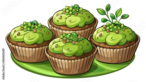 Muffins with an avocado/fava bean mash and pea sprouts white background