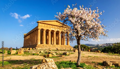 Ancient temple with blossoming almond tree