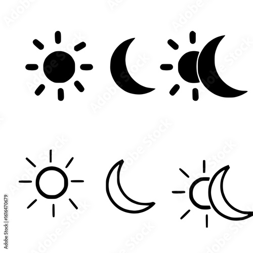 Sun and moon icons set. Black and white mode symbol. Daytime sunset, sun, moon icon set. Vector