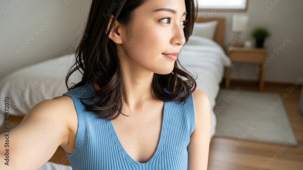 Fototapeta premium 寝室で物思いにふける美しい女性の横顔クローズアップ