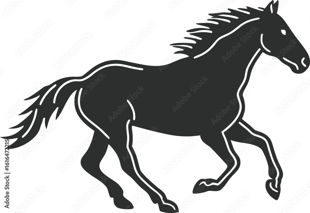 Obraz premium Running black horse vector silhouette illustration with flowing mane and tail