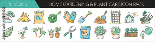 Home Gardening and Plant Care Icon Set for Green Projects - Charming icon pack featuring tools, plants, soil, and garden accessories, perfect for gardening, landscaping, and eco-friendly designs.