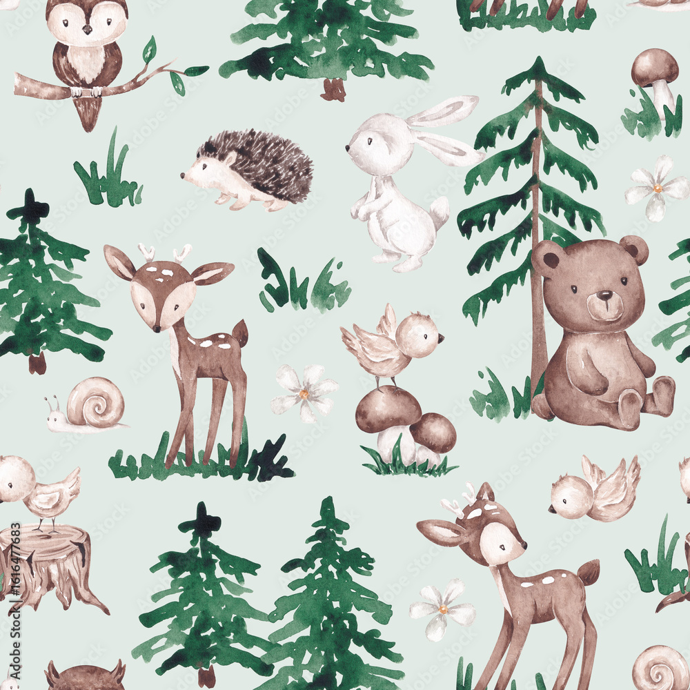 Naklejka premium Woodland seamless pattern hand drawn with watercolor. Cute forest animals and plants. Gender neutral digital paper. For kid textile, fabric, clothing, cards, wallpaper