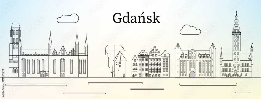 Fototapeta premium Gdansk city skyline with main landmarks (St. Mary Church, Mariacka Gate, Krantor crane) - line art vector illustration