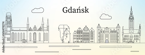 Gdansk city skyline with main landmarks (St. Mary Church, Mariacka Gate, Krantor crane)  - line art vector illustration