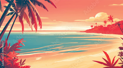 Vibrant Tropical Sunset Beach Scene Palm Trees, Ocean, and Sandy Shore