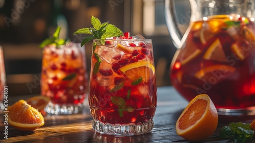 Refreshing Summer Punch With Citrus and Pomegranate Served in Glasses and Pit...