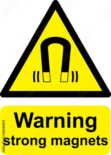 Black and yellow vector graphic of Strong magnets warning sign