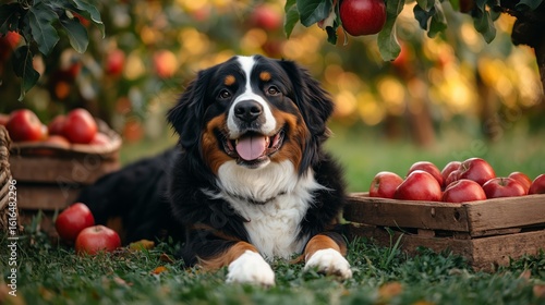 Happy Dog Enjoying Apples in an Orchard During Golden Hour in Fall