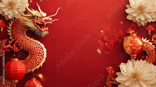 Decorative Dragon Design With Lanterns and Flowers for Cultural Celebration i...