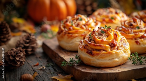 Freshly Baked Pumpkin Cinnamon Rolls Arranged on a Rustic Wooden Board With A...