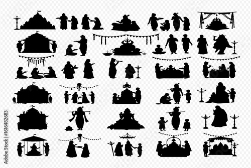 A collection of silhouette illustrations depicting Hindu deities, religious rituals, and traditional celebrations, showcasing cultural heritage.
