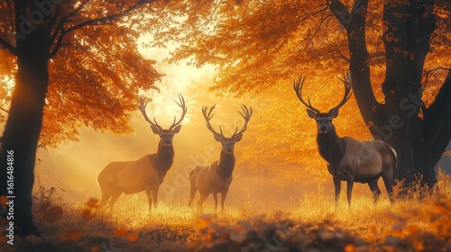 Majestic Deer Grazing in a Golden Autumn Forest at Dawn