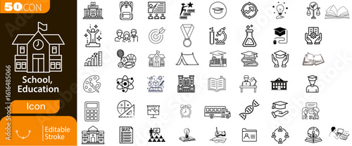 School icon set. Education and knowledge icons. Containing Learning, classroom, students, online education, and more. Vector illustration