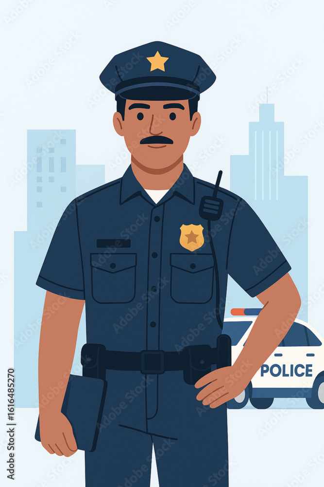 Vector Illustration of a Male Police Officer – Flat Character with Police Car
Vector Illustration of a Male Police Officer – Flat Character with Police Car