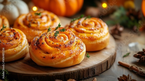 Freshly Baked Pumpkin Cinnamon Rolls Arranged on a Rustic Wooden Board With A...