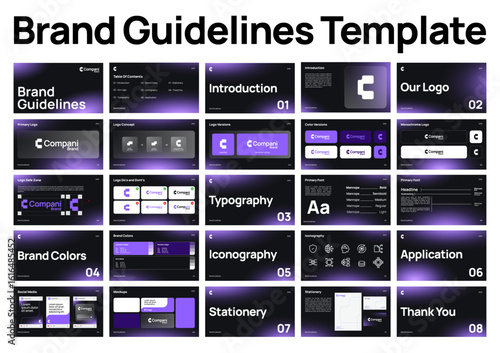 brand guide template Comprehensive dark theme technology Brand Guidelines Template Editable Brand Identity Kit with Typography, Color Palette, Logo Usage, and Layout Grid brand manual vector template