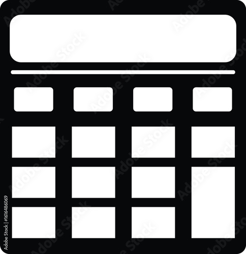 Simple white calculator icon with a display screen and rows of buttons against a stark black background representing basic arithmetic functions and digital tools