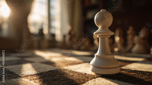 Sunlight fills the room as a white chess pawn makes the opening move, symbolizing the cozy start of a home-based game