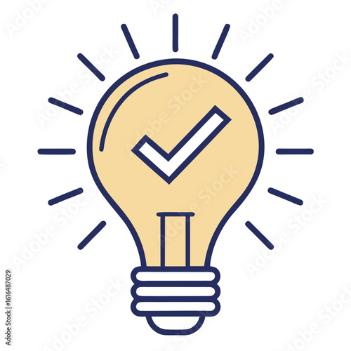 Yellow lightbulb with blue checkmark and radiating lines idea validation