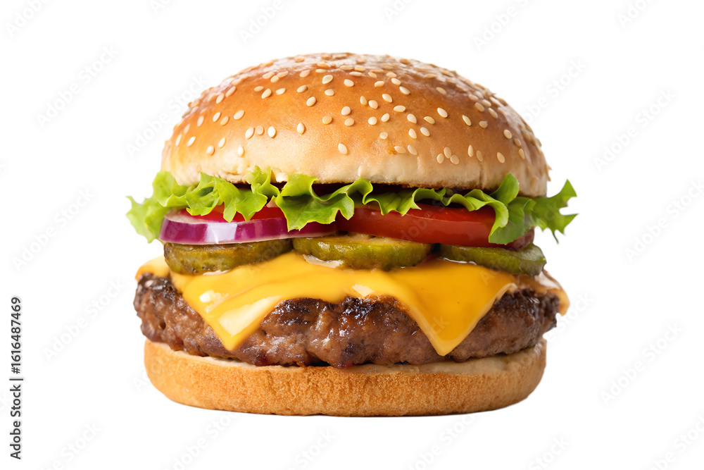 Classic Cheeseburger with Fresh Vegetables and Sesame Seed Bun Isolated on a Plain Background Classic Cheeseburger with Fresh Vegetables and Sesame Seed Bun Isolated on a Plain Background