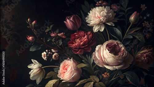 Dark moody baroque floral arrangement with oil paint texture featuring pink red and white peonies and roses