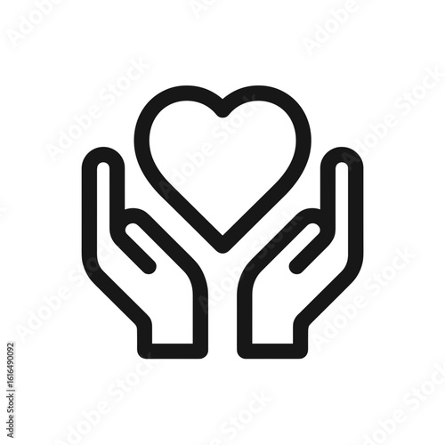 Two hands holding a heart icon symbolizing care, support or love. Vector graphic.
