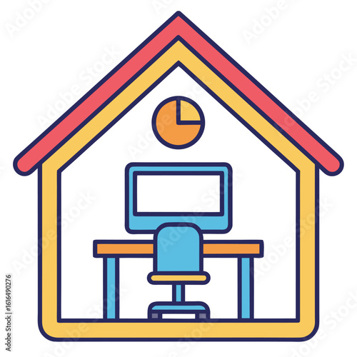 Colorful home office interior with computer and clock desk