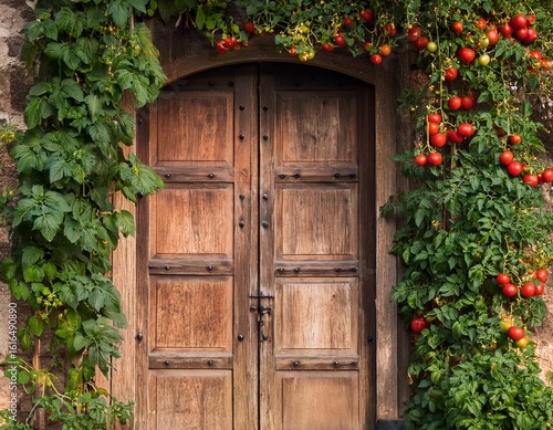 rustic wooden door framed by lush green vines with ripe red tomatoes hanging nearby