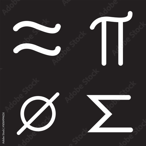 Mathematical symbols vector set, algebra and calculus signs, arithmetic operators, geometry notation, Greek letters, scientific equation symbols, physics formulas, math notation, education icons