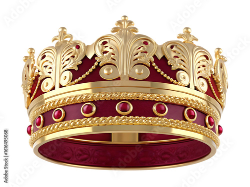 Ornate gold red jeweled crown isolated on a transparent background