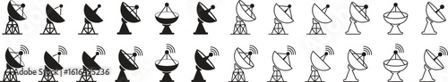 Satellite dish icon set, black vector collection of communication antenna group in flat and line style, radar signal transmitter receiver symbols, wireless broadcast network elements bundle