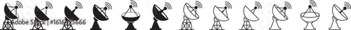 Satellite dish icon set, black vector collection of communication antenna group in flat and line style, radar signal transmitter receiver symbols, wireless broadcast network elements bundle