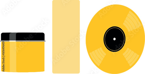 Flat Vector of a Yellow Can, a Yellow Bar, and a Yellow Vinyl Record