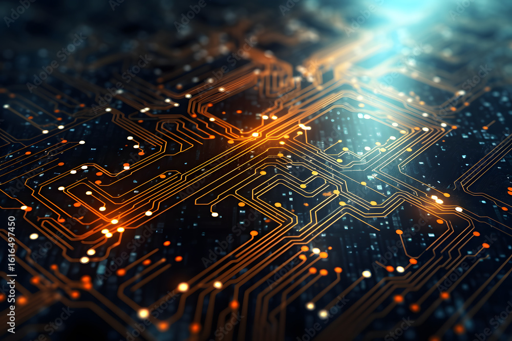 Obraz premium Blue circuit board technology design with digital light pattern