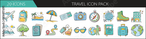 Hand-Drawn Travel Icon Set for Adventure Design - A playful set of 20 hand-drawn travel icons featuring luggage, landmarks, maps, and gear for tourism, vacations, and exploration themes.