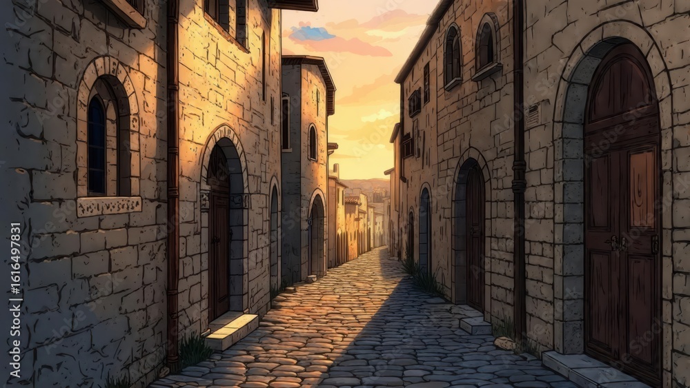 Fototapeta premium Ancient town alley at sunset