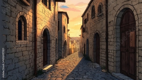 Ancient town alley at sunset