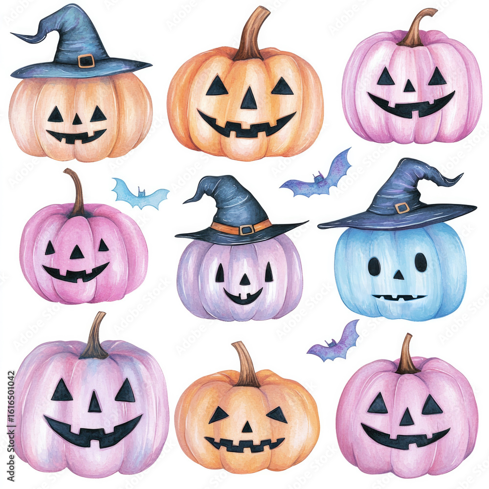 Obraz premium Whimsical halloween watercolor: pastel pumpkins with playful faces and witch hats