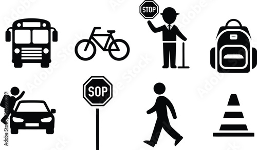 School bus bicycle car stop sign pedestrian traffic cone icons