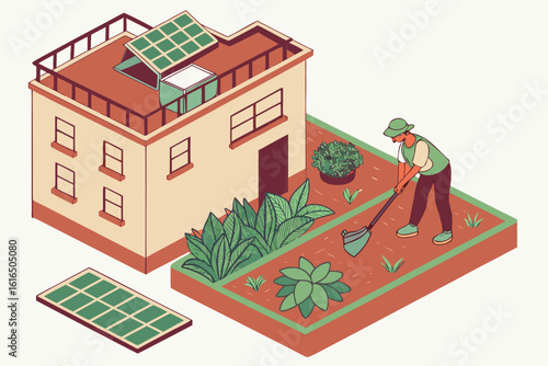 Isometric urban farming with solar panels home and gardener working in garden illustration vector design