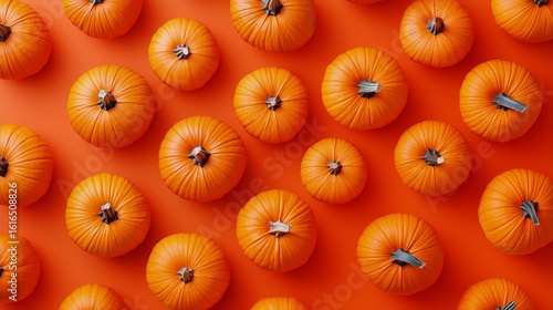 Colorful Pumpkins Arranged on an Orange Background Perfect for Autumn Decorat...