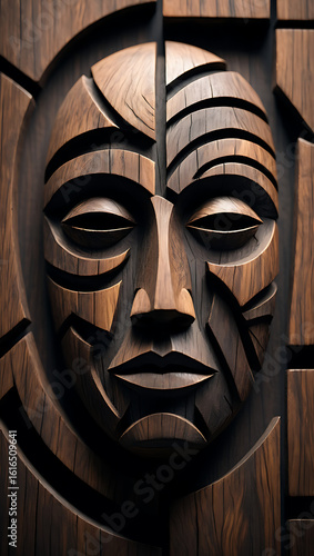 Carved wooden mask of a woman's face on a wooden background, showing ancient cultural art