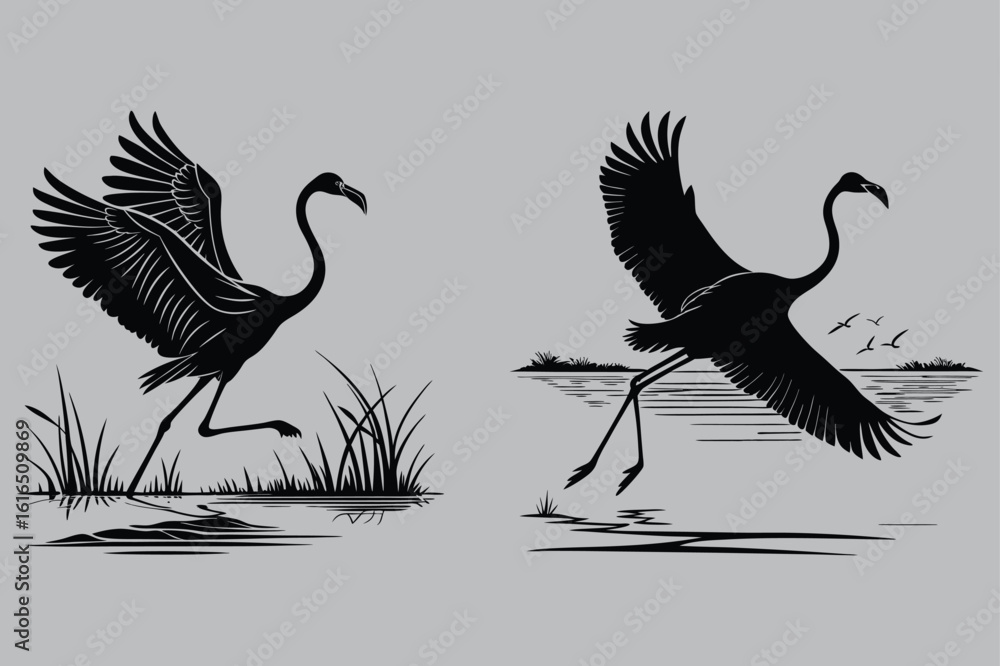 Obraz premium Flamingo Flapping Wings on Lake silhouette vector design art and illustration