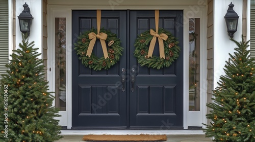 Festive Entrance With Holiday Wreaths and Evergreen Trees Decorated for Winte...