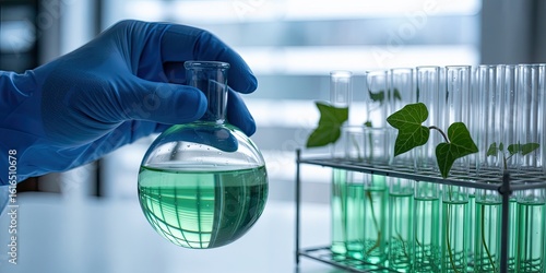 Gloved hand holding flask with green liquid near test tubes with plants laboratory science