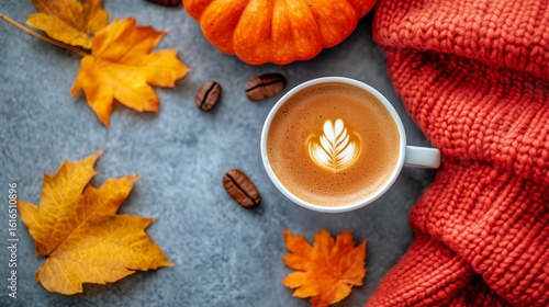 Enjoying Cozy Coffee With Autumn Leaves and Pumpkin on a Cool Day.