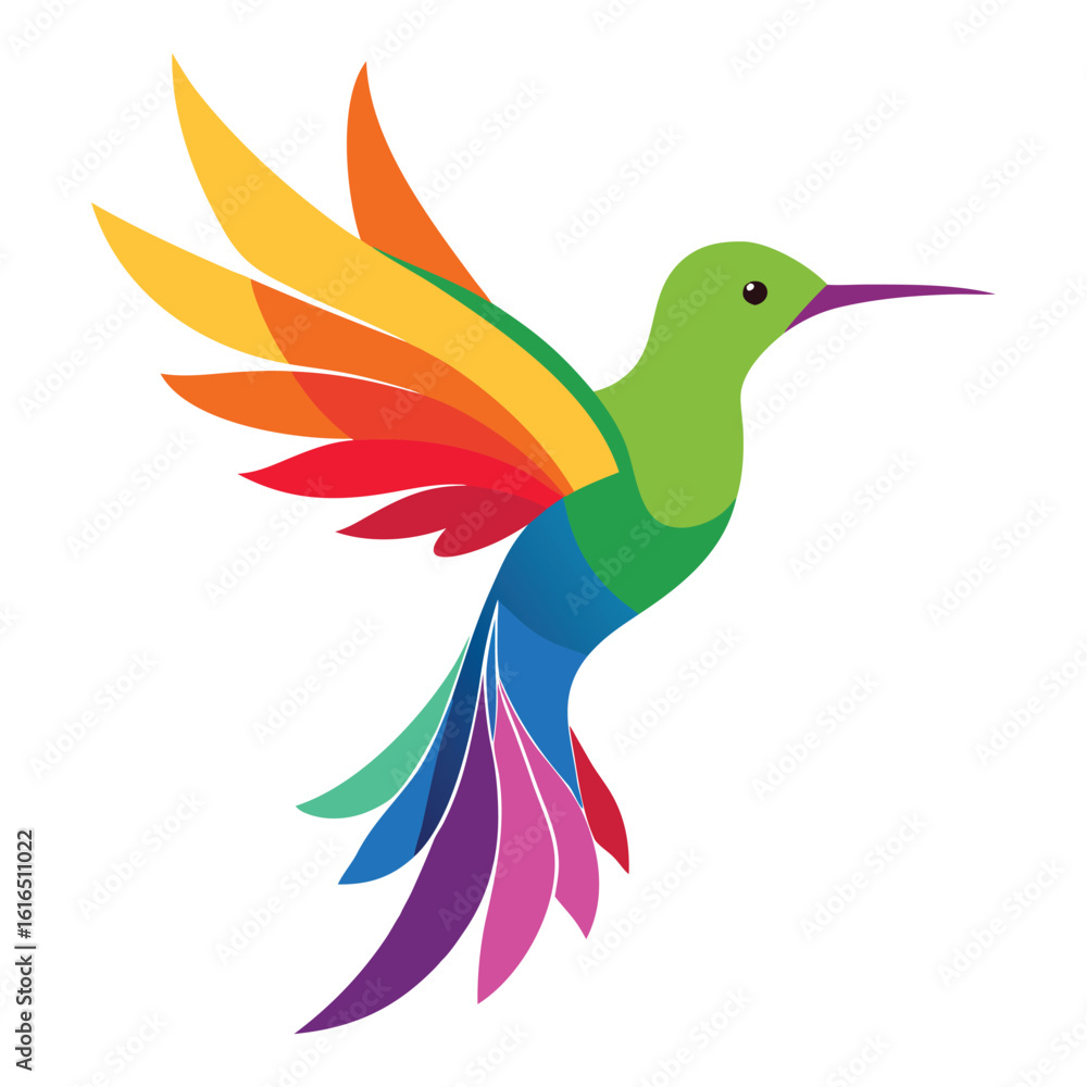 Obraz premium Vibrant rainbow hummingbird in flight with colorful wings and tail against a clean white background symbolizing nature and joy