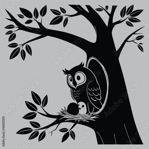 Owl Nestling Chicks in Tree Hole silhouette vector design art and illustration